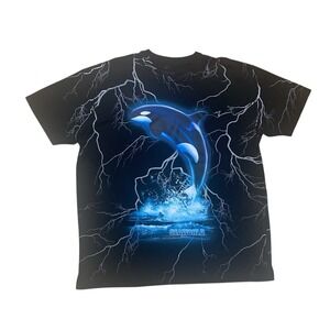SeaWorld Orca Lightning Graphic T-Shirt Black XXL All Over Print 100% Cotton